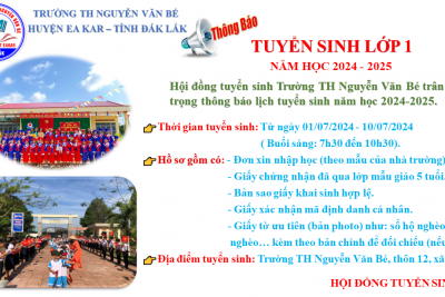 THÔNG BÁO LỊCH TUYỂN SINH LỚP 1 NĂM HỌC 2024-2025